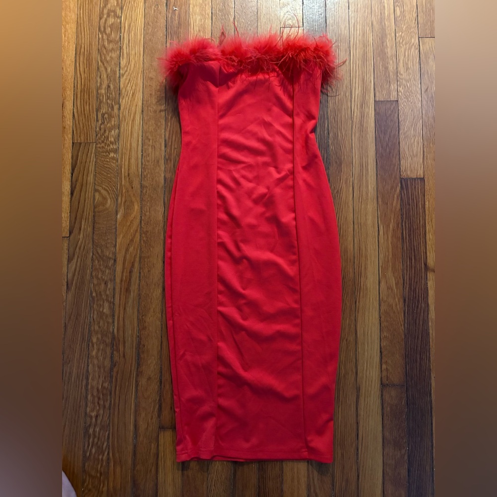 Elegant Strapless Red Dress with Zippered Back by Cyclame